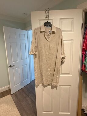 Lightweight Long-Sleeve Linen Dress - Beige